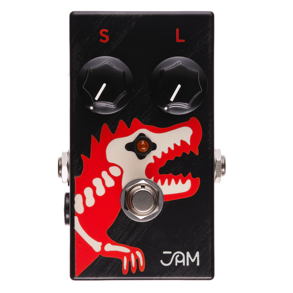 JAM Pedals Dyna-ssoR bass compressor pedal — black enclosure with red dinosaur art