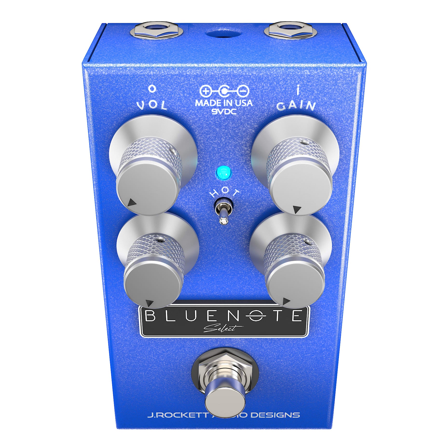 J. Rockett Blue Note Select blue overdrive pedal angled view