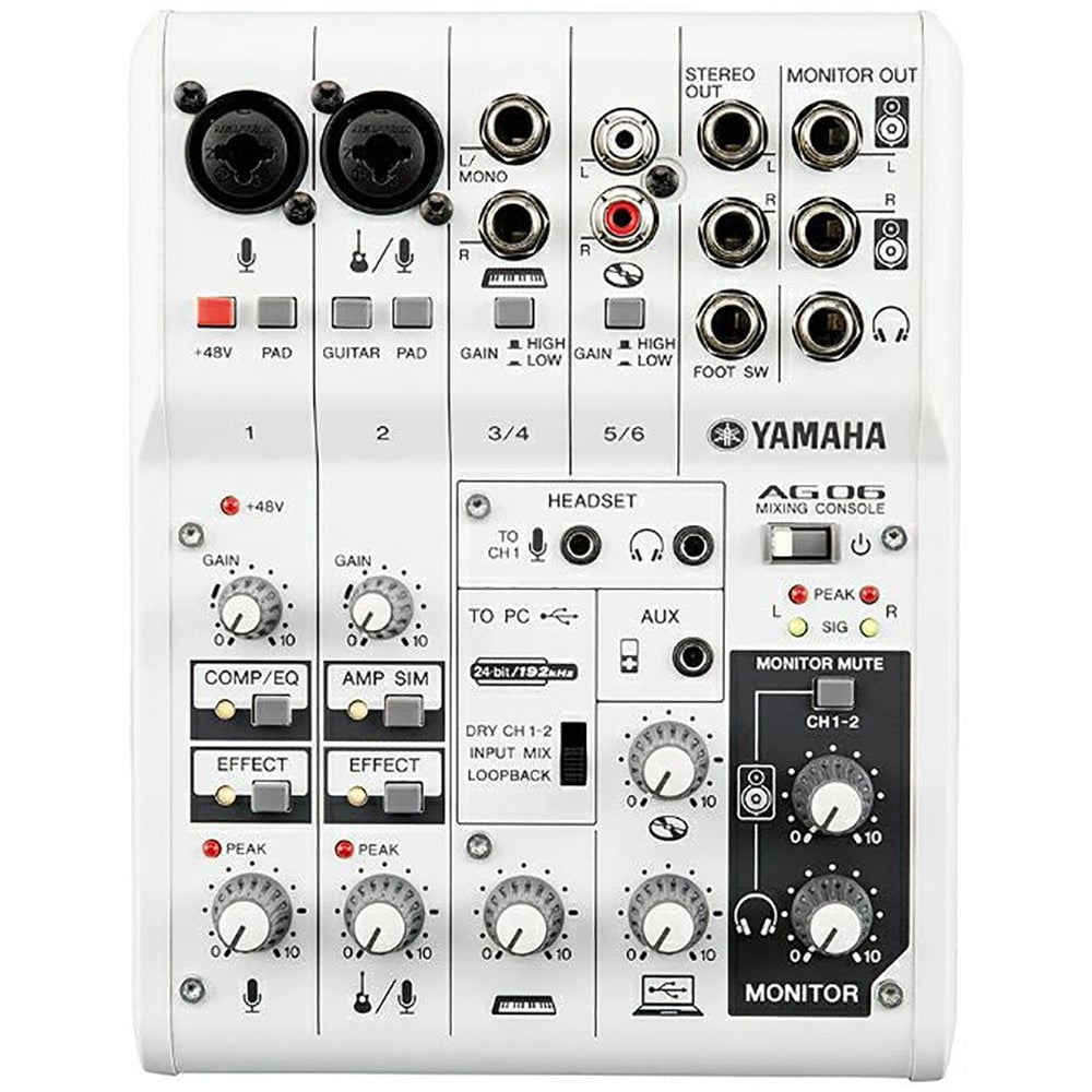 Yamaha AG06 6-channel USB mixer audio interface, white chassis top view