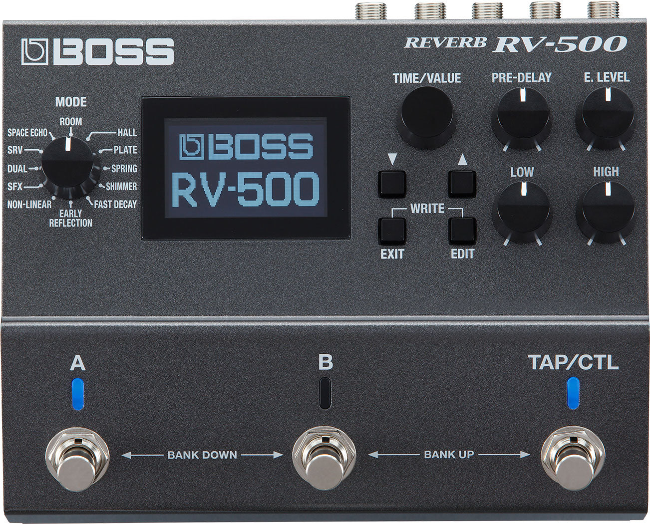 Boss RV-500 reverb pedal — footswitch detail