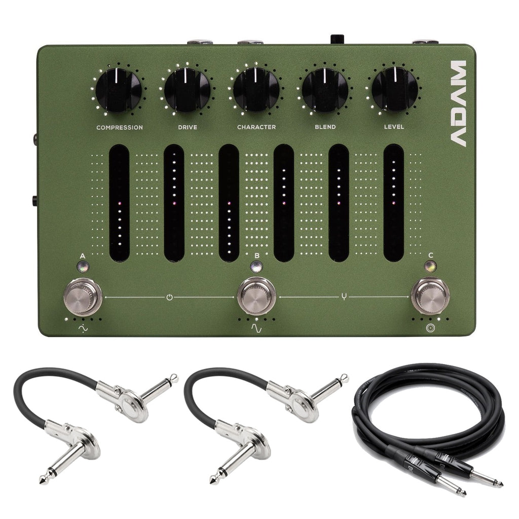 Darkglass ADAM green bass distortion pedal with two patch cables and a guitar cable