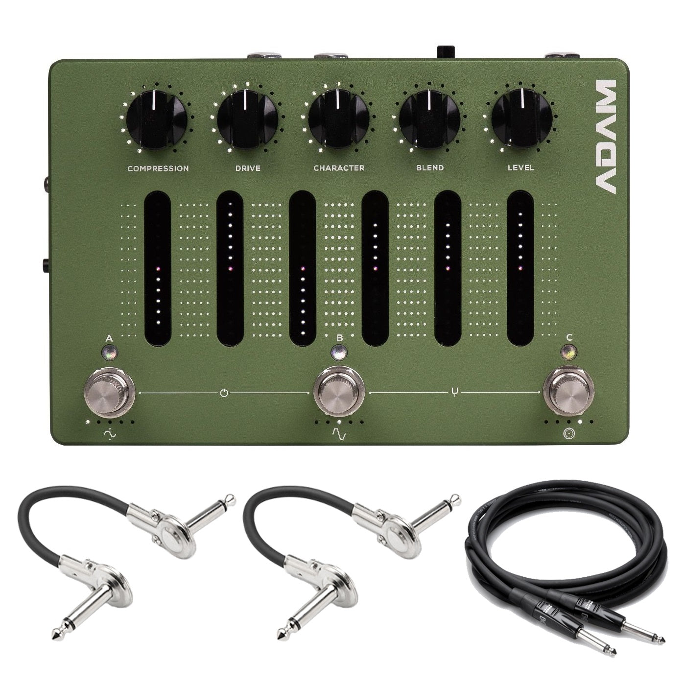Darkglass ADAM green bass distortion pedal with two patch cables and a guitar cable