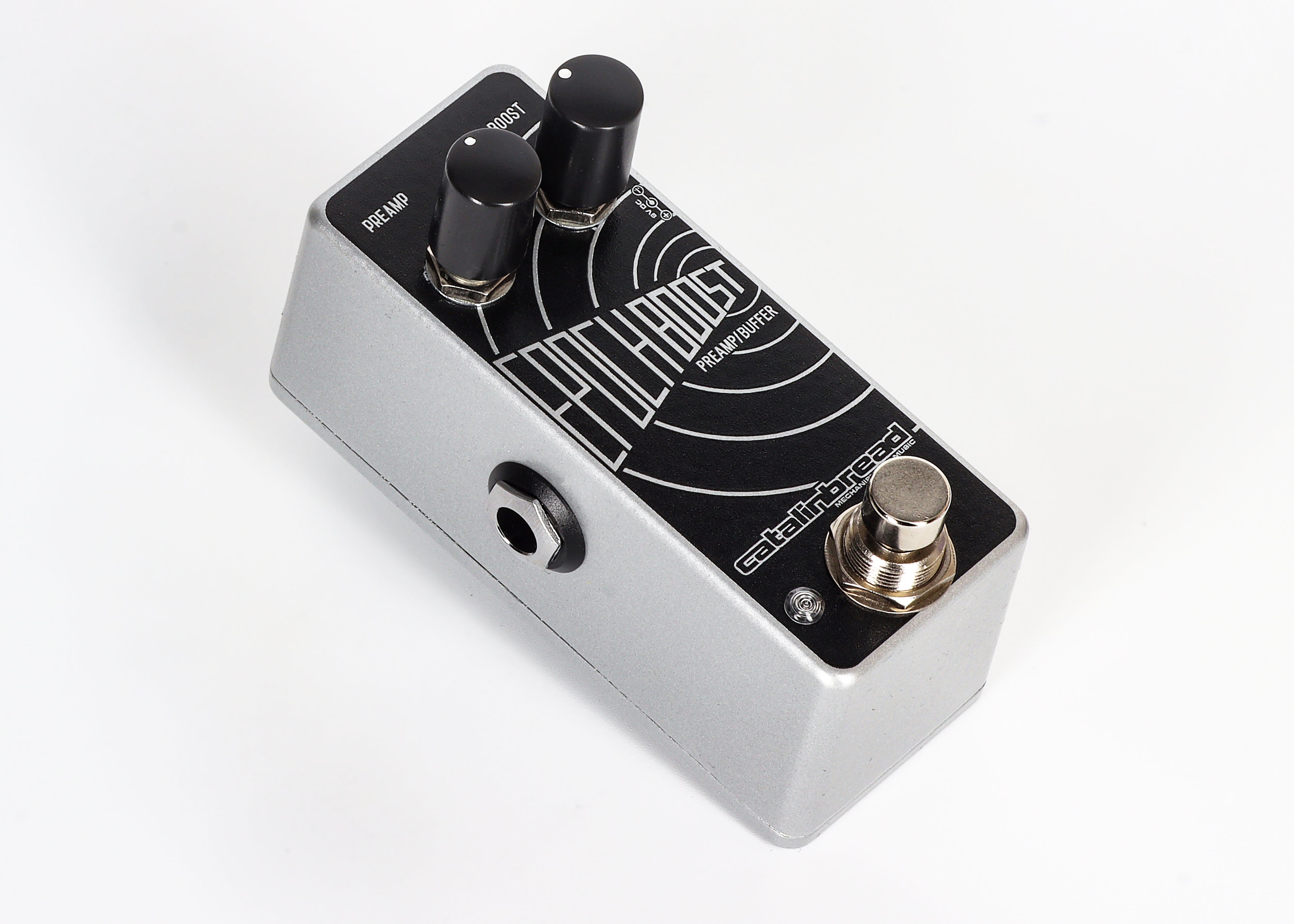 Catalinbread Epoch Boost Mini preamp pedal - footswitch and silver chassis detail