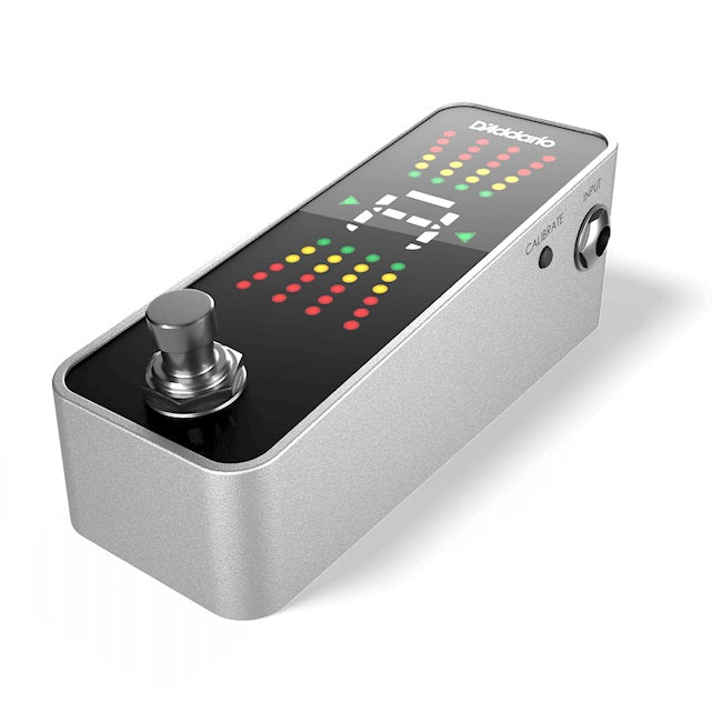 D'Addario CT-20 chromatic pedal tuner — silver, top footswitch detail