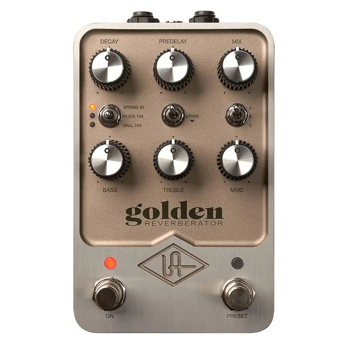 Universal Audio Golden Reverberator reverb pedal — top view of gold control panel