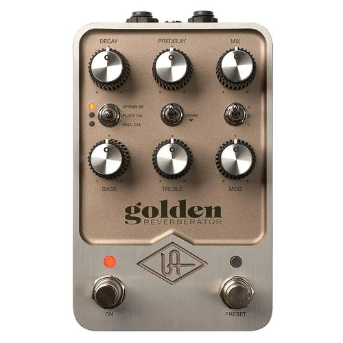 Universal Audio Golden Reverberator reverb pedal — top view of gold control panel
