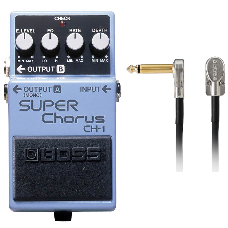 Boss CH-1 Super Chorus pedal — light blue compact chorus with Boss patch cable