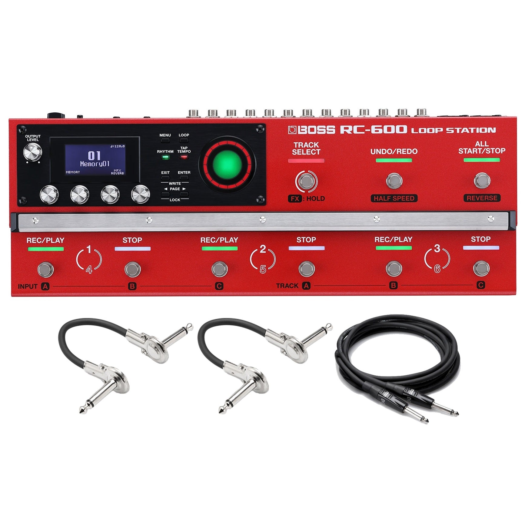 Boss RC-600 Loop Station pedal in red with included patch and guitar cables