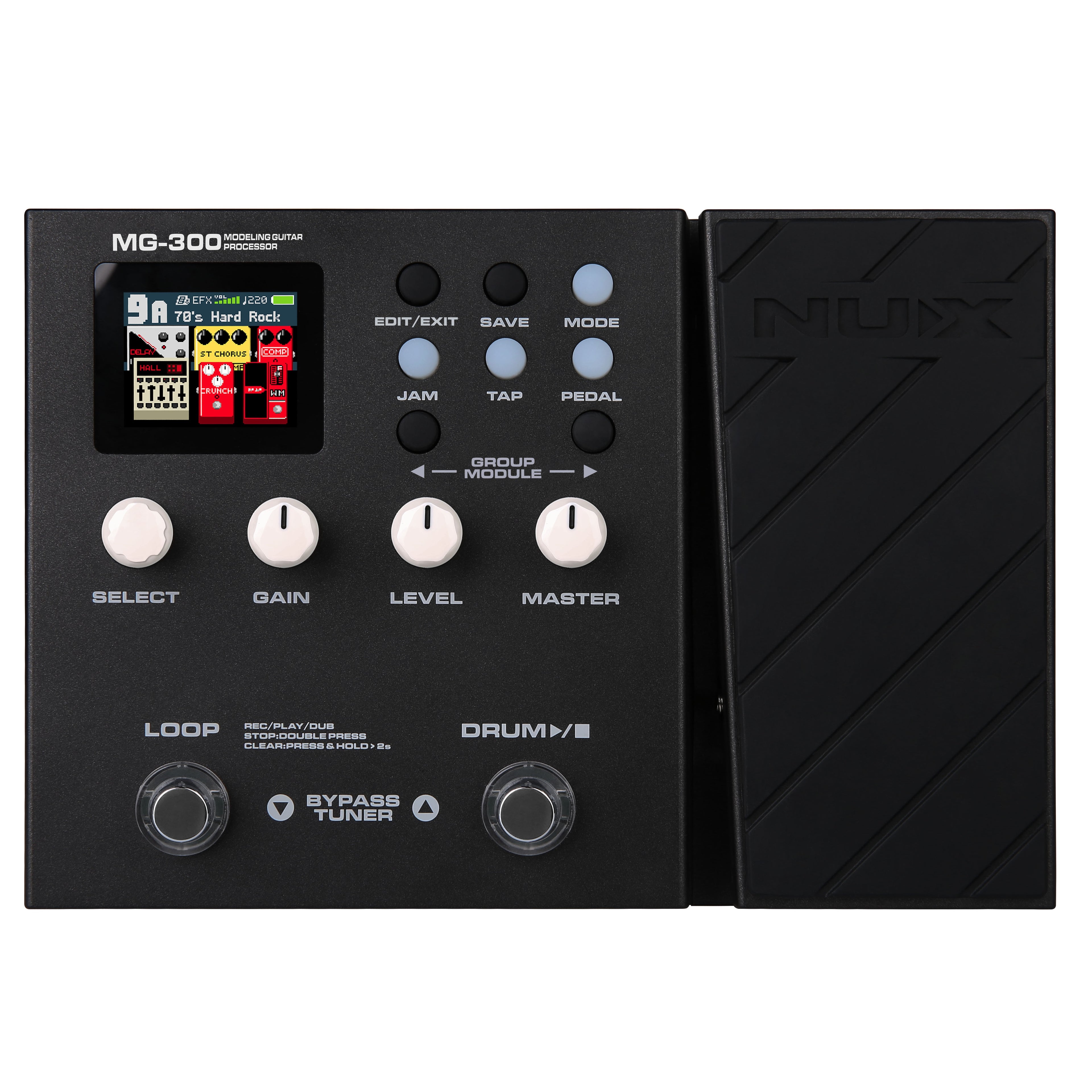 NUX MG-300 guitar processor — footswitches and loop controls detail