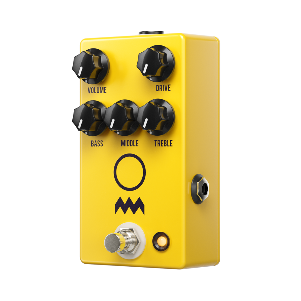 JHS Charlie Brown V4 overdrive pedal — yellow enclosure, angled three-quarter view