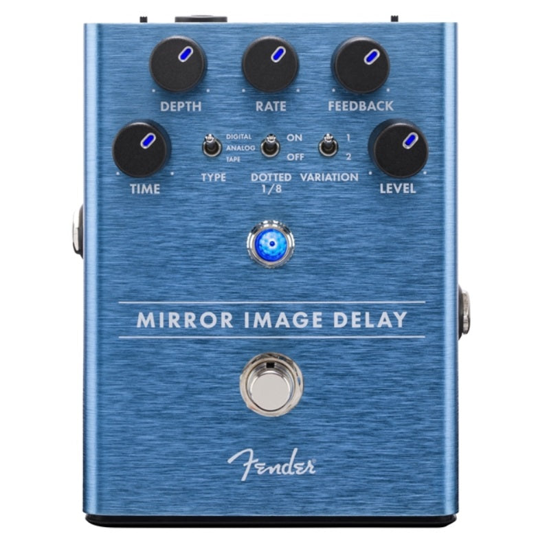 Fender Mirror Image Delay pedal — blue anodized top with control knobs