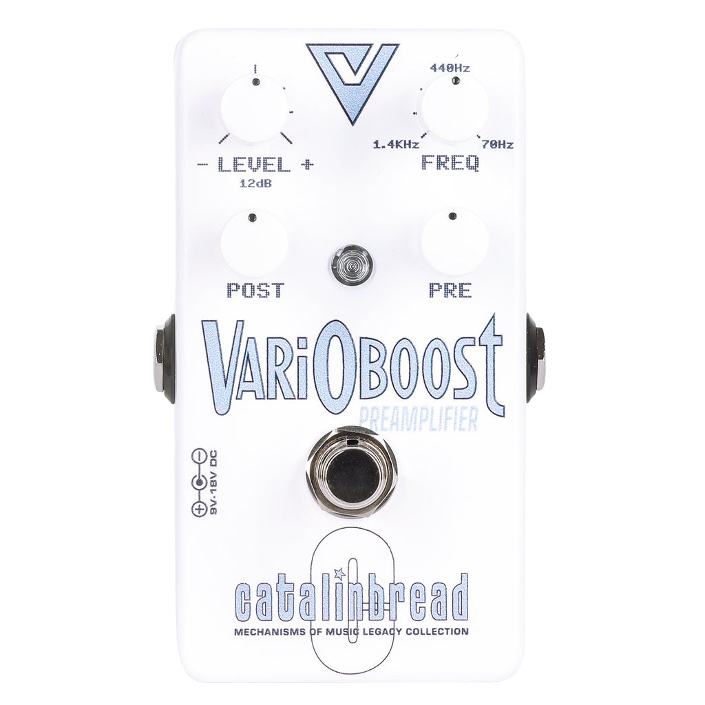 Catalinbread VariOboost preamp pedal - white enclosure with blue graphics, front