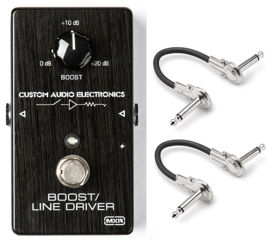 MXR MC401 CAE Boost Line Driver pedal — black enclosure with two patch cables
