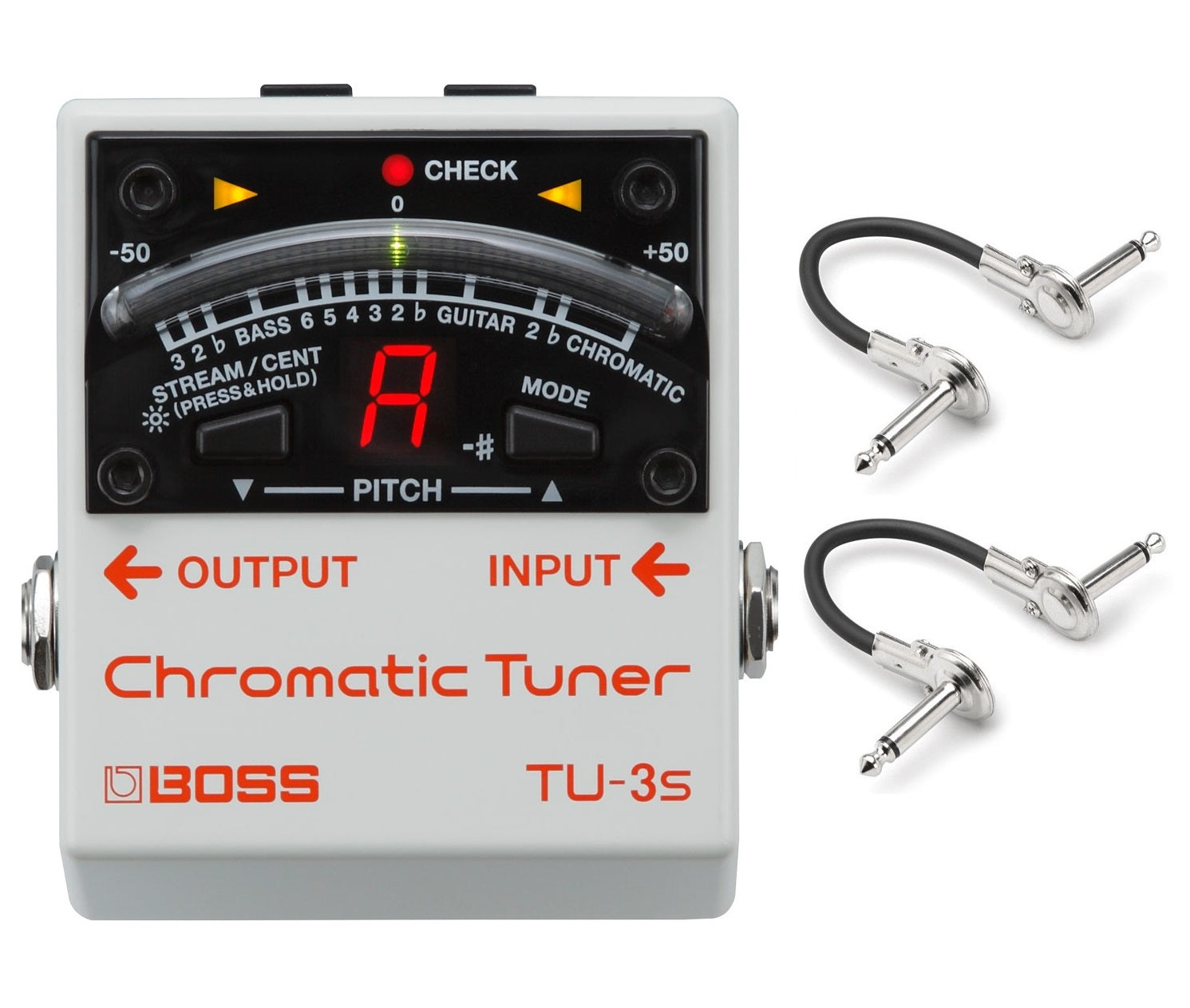 Boss TU-3S mini chromatic tuner — white pedal with two patch cables