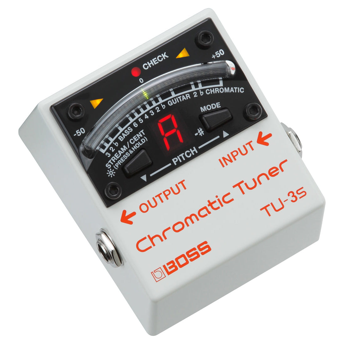Boss TU-3S mini chromatic tuner — top input and output jacks