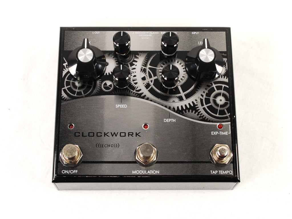 J. Rockett Clockwork Echo delay pedal — angled front view with footswitches