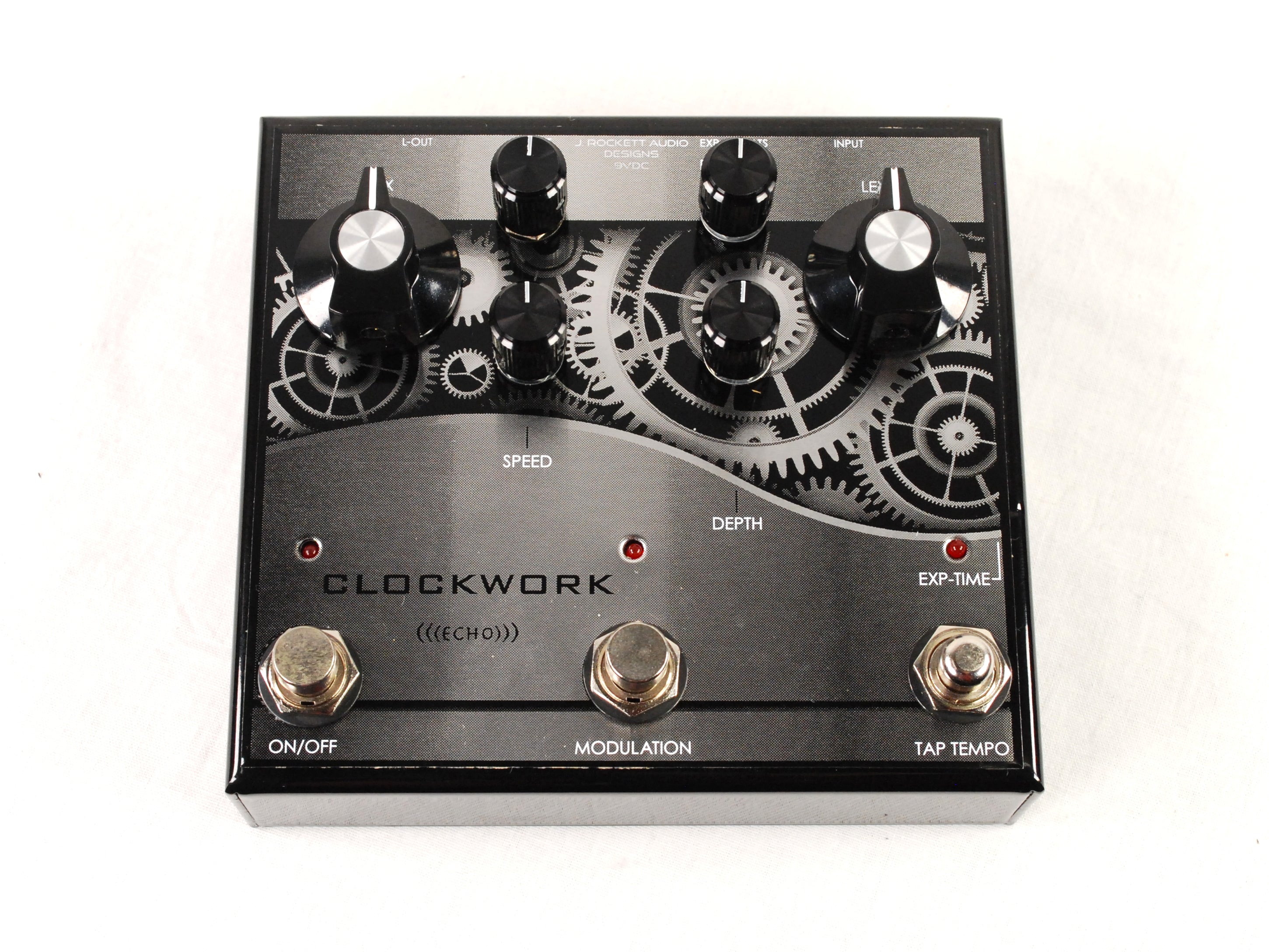 J. Rockett Clockwork Echo delay pedal — angled front view with footswitches
