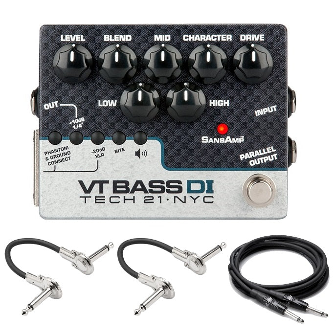 Tech 21 SansAmp VT Bass DI bass pedal — top view with included cables