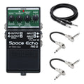 Boss RE-2 Space Echo pedal — top view with green panel and included guitar and patch cables