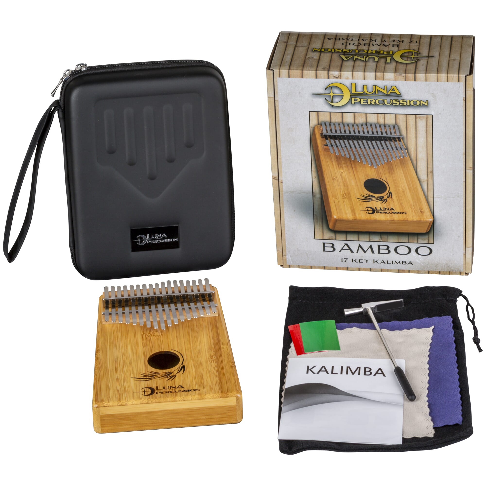 Luna 17-key bamboo kalimba — Luna Percussion logo detail