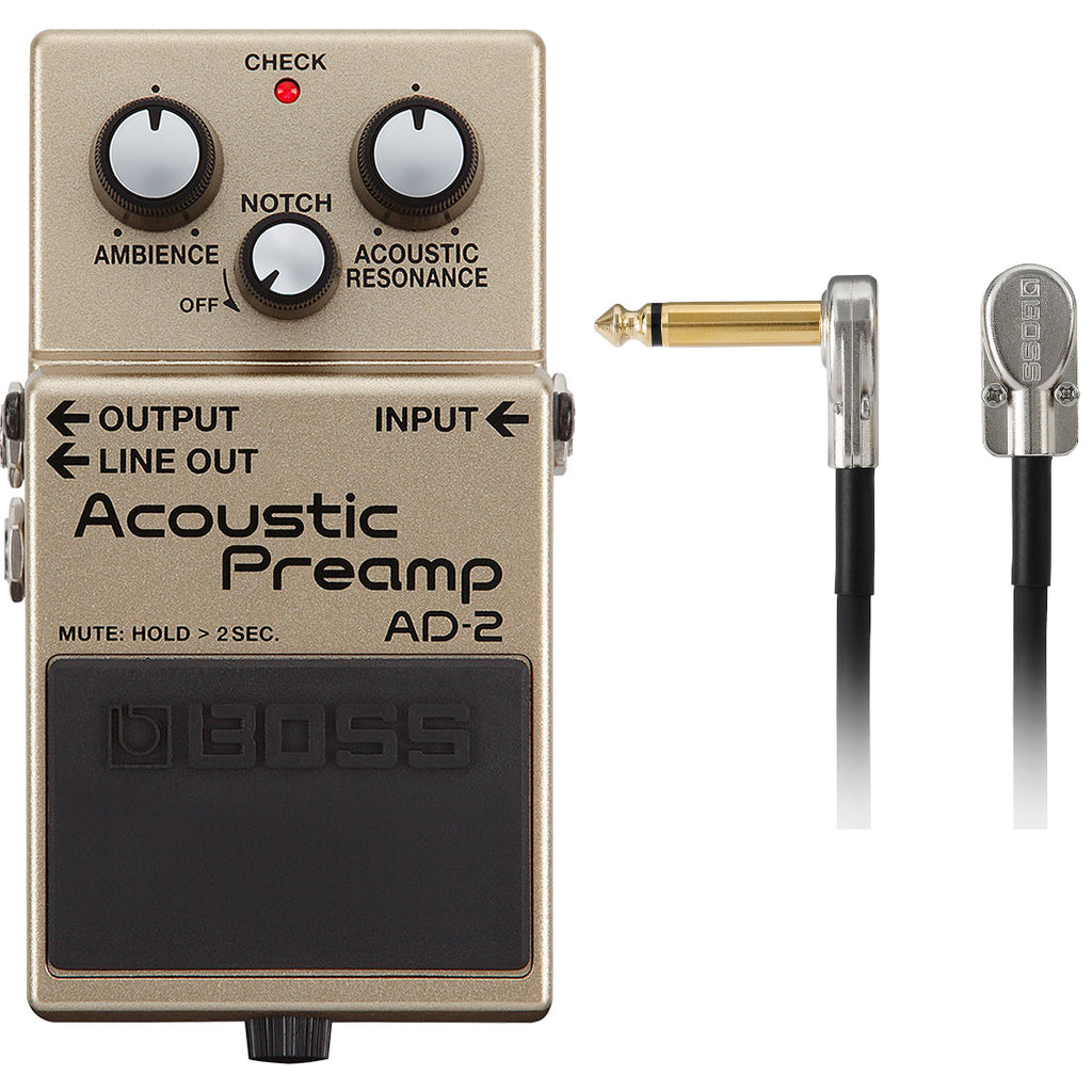 Boss AD-2 Acoustic Preamp pedal — gold enclosure with included patch cable