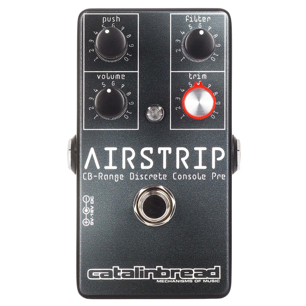 Catalinbread Airstrip console preamp pedal - gray enclosure with red trim knob, front