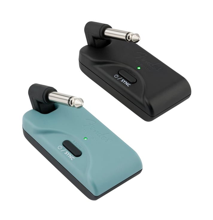 Fender Telepath wireless guitar system black and Mystic Ice Blue units at an angle with right-angle plugs