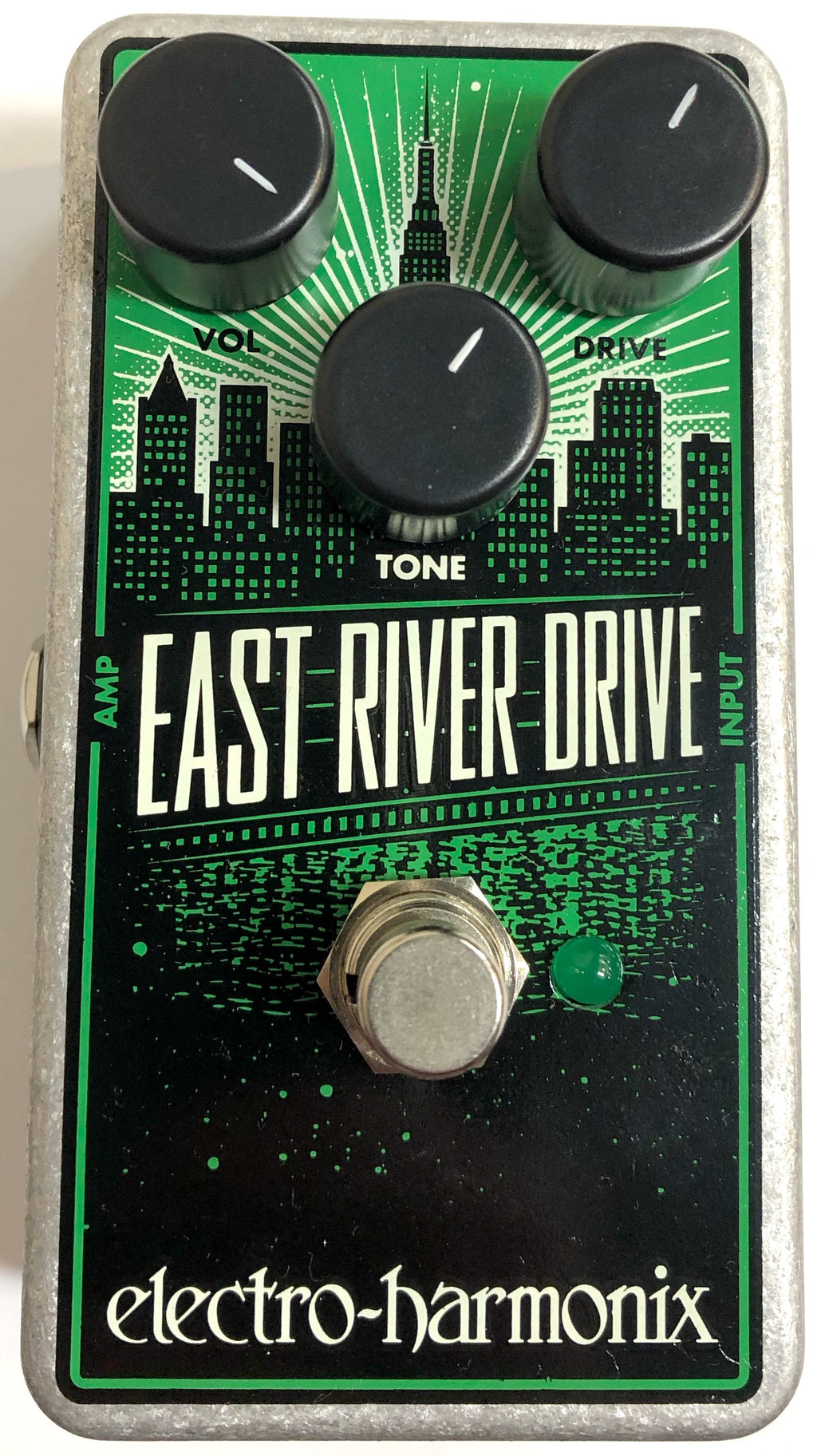 Electro-Harmonix East River Drive overdrive pedal — green NYC skyline front