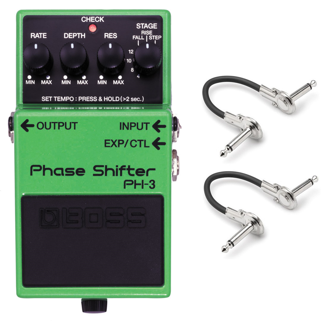 Boss PH-3 Phase Shifter guitar pedal — green with two patch cables