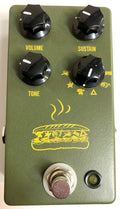 JHS Muffuletta fuzz pedal — army green enclosure, top view of all four knobs