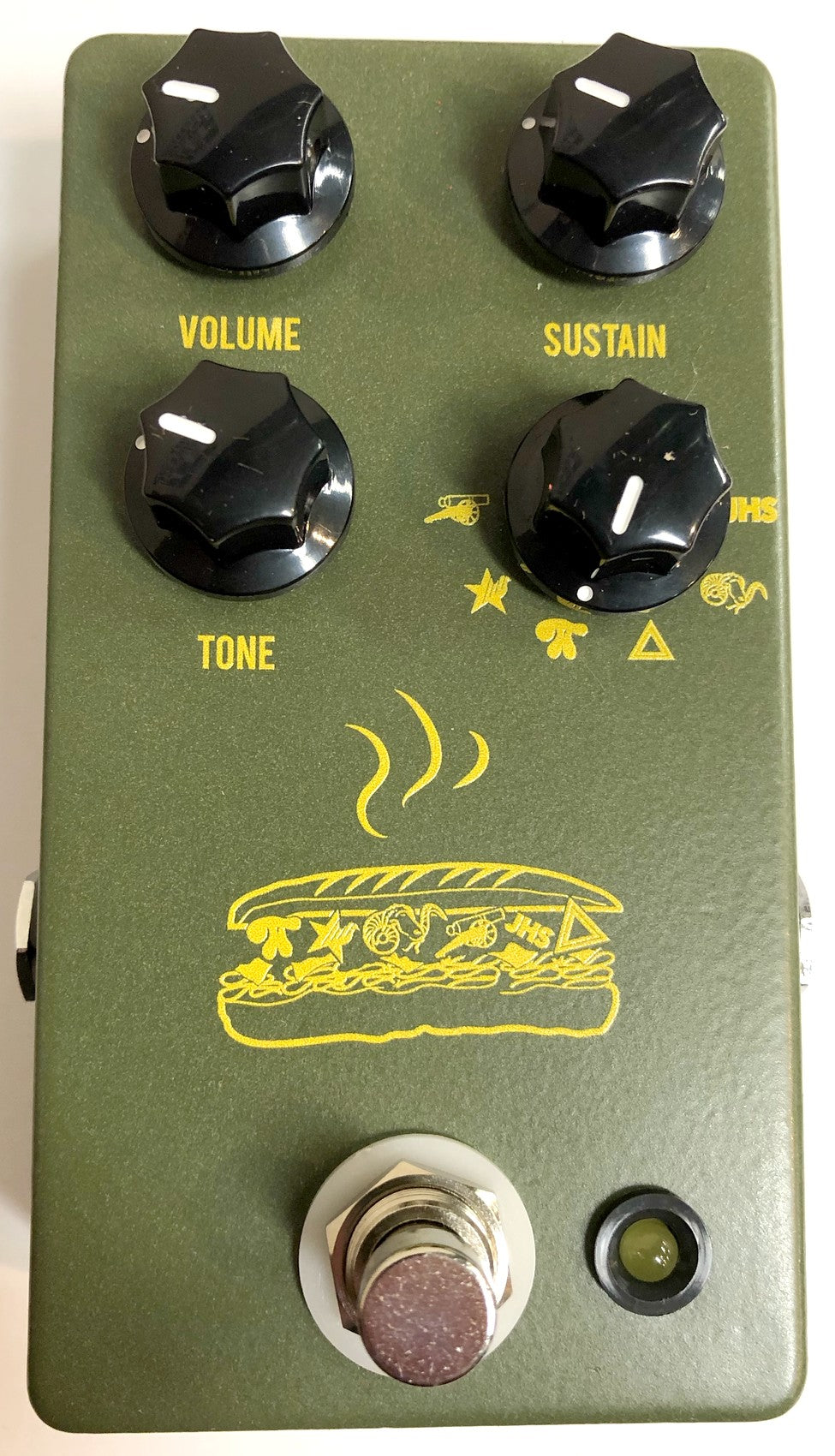 JHS Muffuletta fuzz pedal — army green enclosure, angled front view