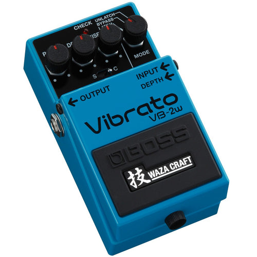 Boss VB-2W Waza Craft Vibrato pedal — blue enclosure, top angled view
