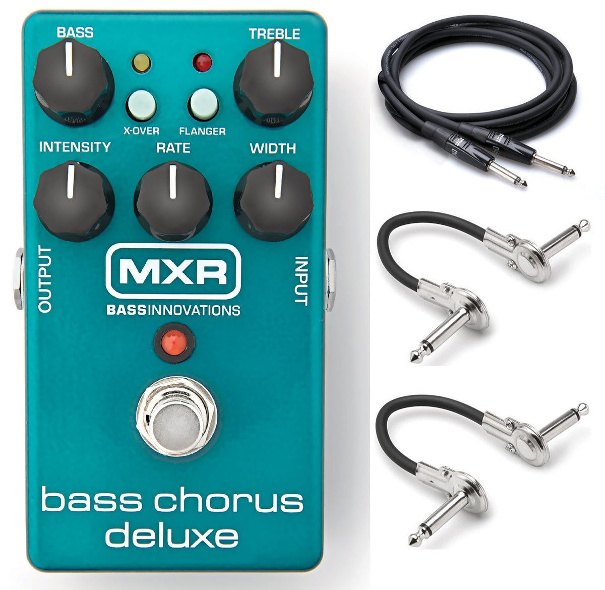 MXR M83 Bass Chorus Deluxe pedal — teal enclosure with included cables