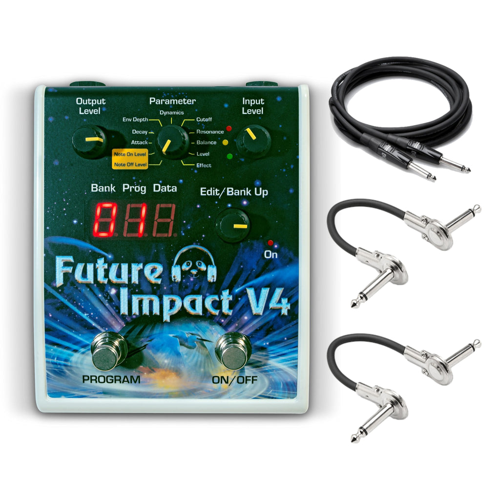 PandaMIDI Future Impact V4 synth pedal — front view with guitar cable and two patch cables