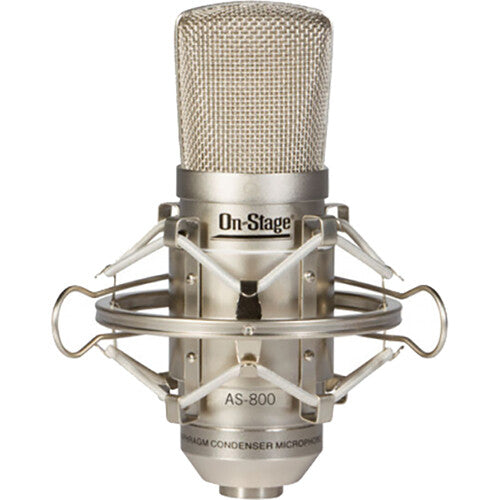 On-Stage AS800 condenser microphone — angled view in shock mount