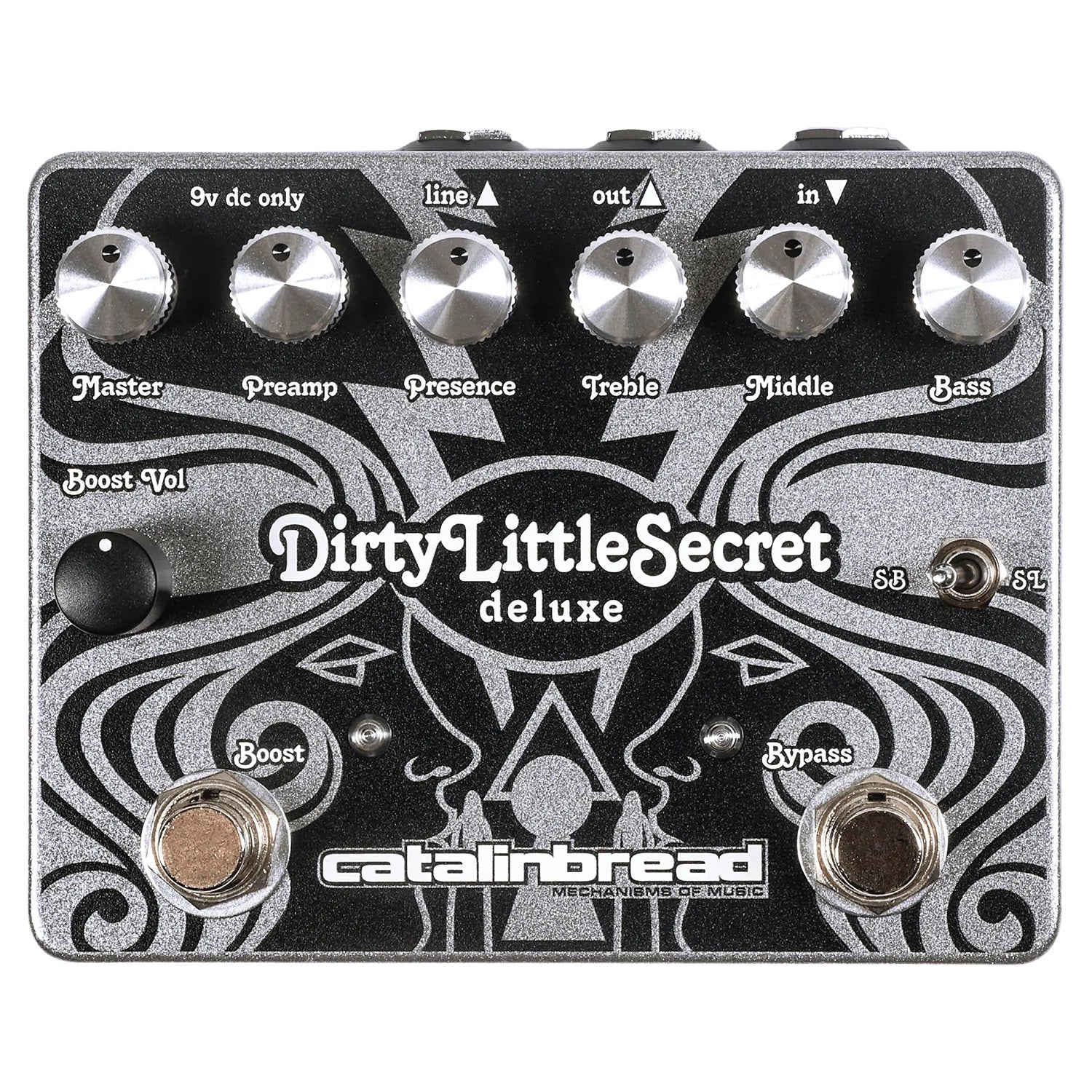 Catalinbread Dirty Little Secret Deluxe overdrive pedal — silver enclosure, top view