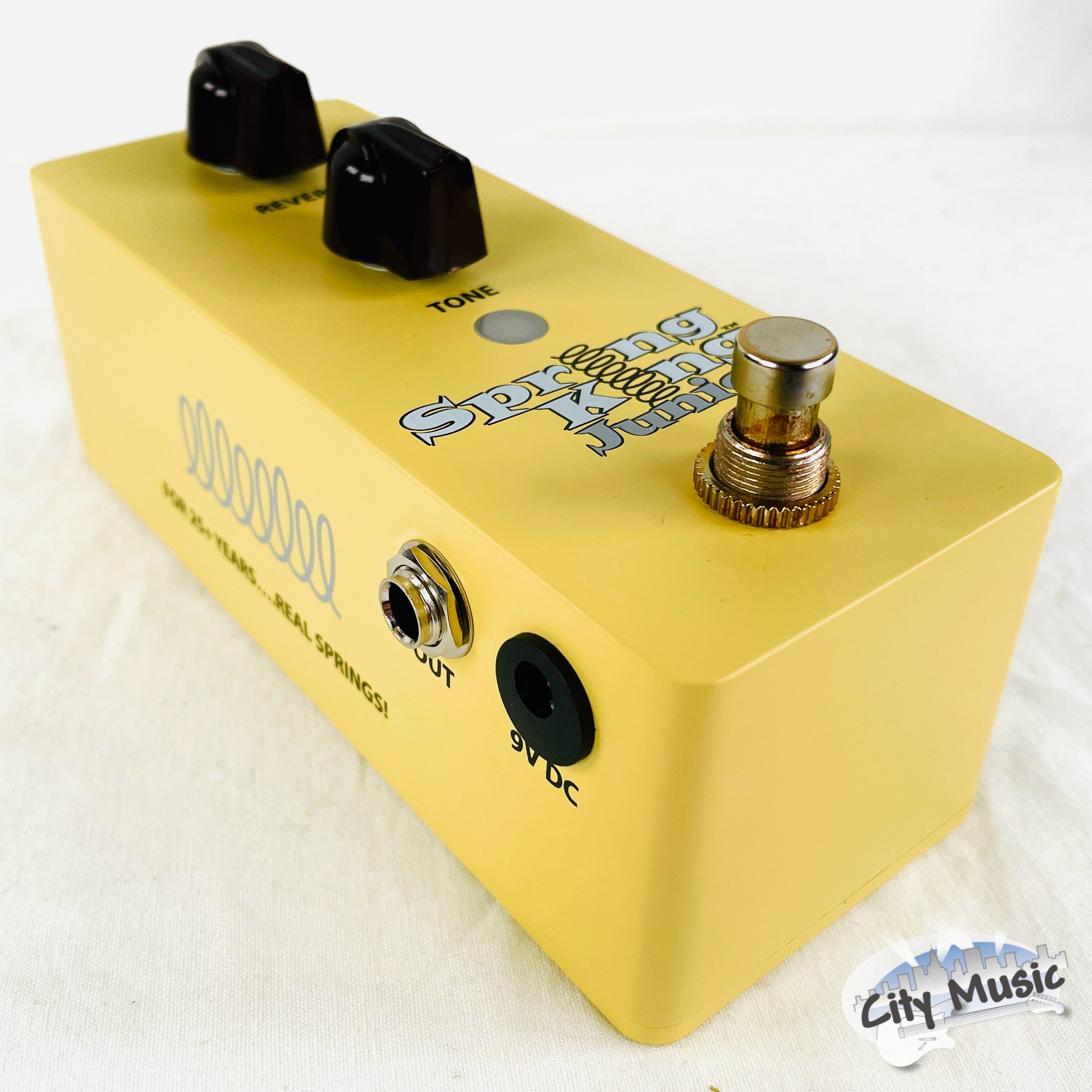 Used Danelectro Spring King Junior yellow reverb pedal — front view