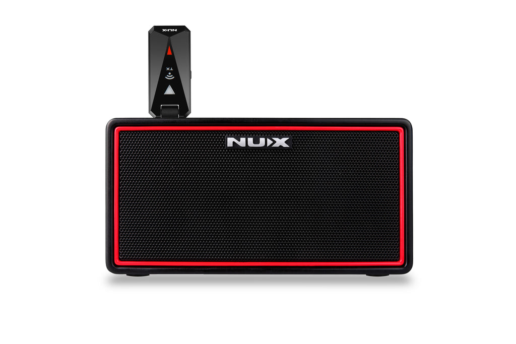NUX Mighty Air wireless stereo amp — front, black with red trim and transmitter