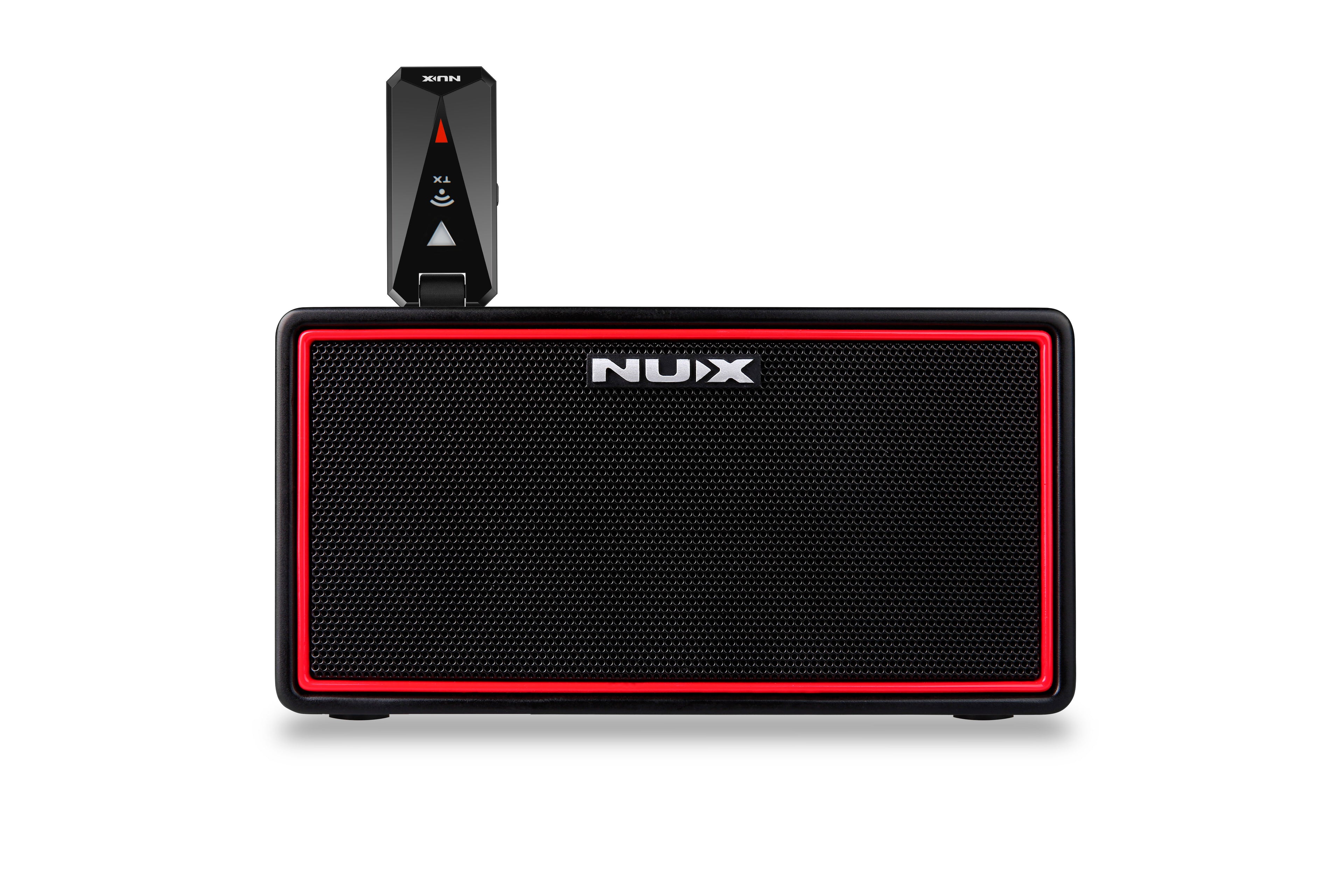 NUX Mighty Air wireless stereo amp — front, black with red trim and transmitter