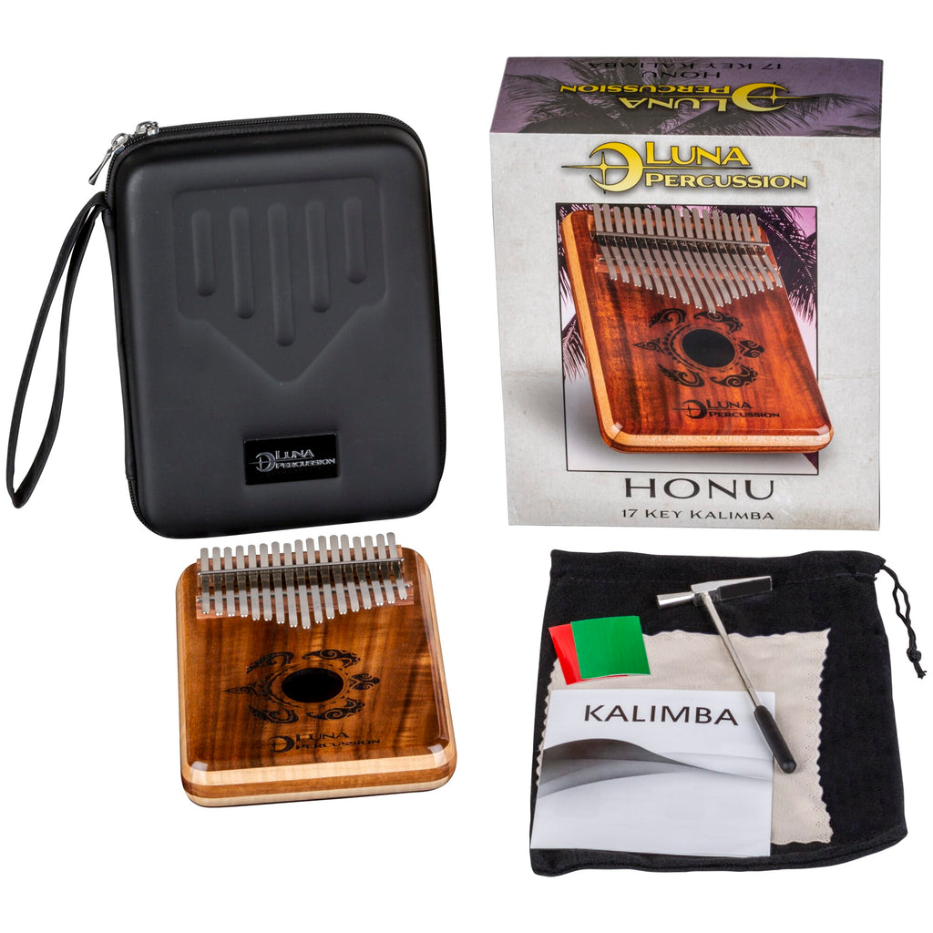 Luna Honu Koa 17-key kalimba — accessories and tuning hammer