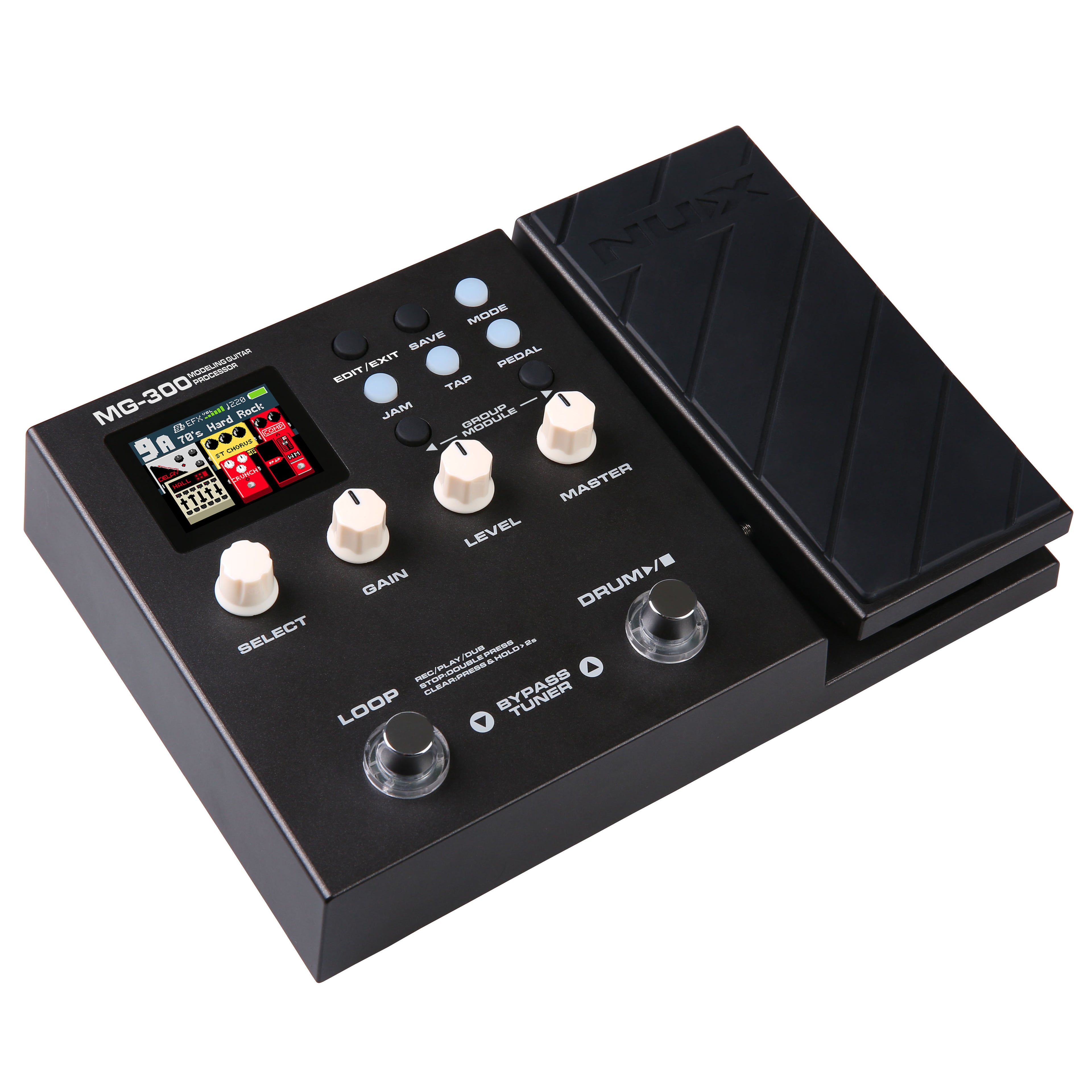 NUX MG-300 micro modeling guitar processor — angled view with expression pedal
