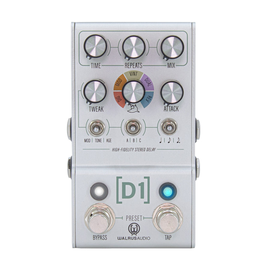 Walrus Audio MAKO D1 V2 delay pedal — silver enclosure, angled view
