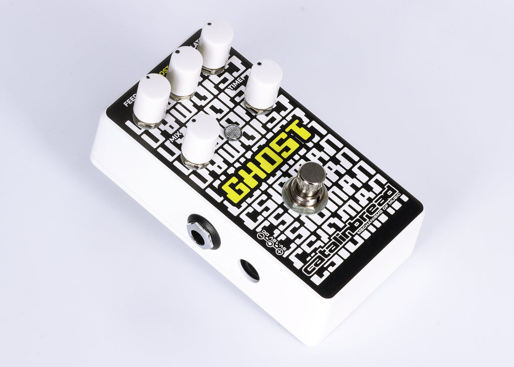 Catalinbread CSIDMAN Ghost glitch delay pedal — close detail of knobs and yellow Ghost label