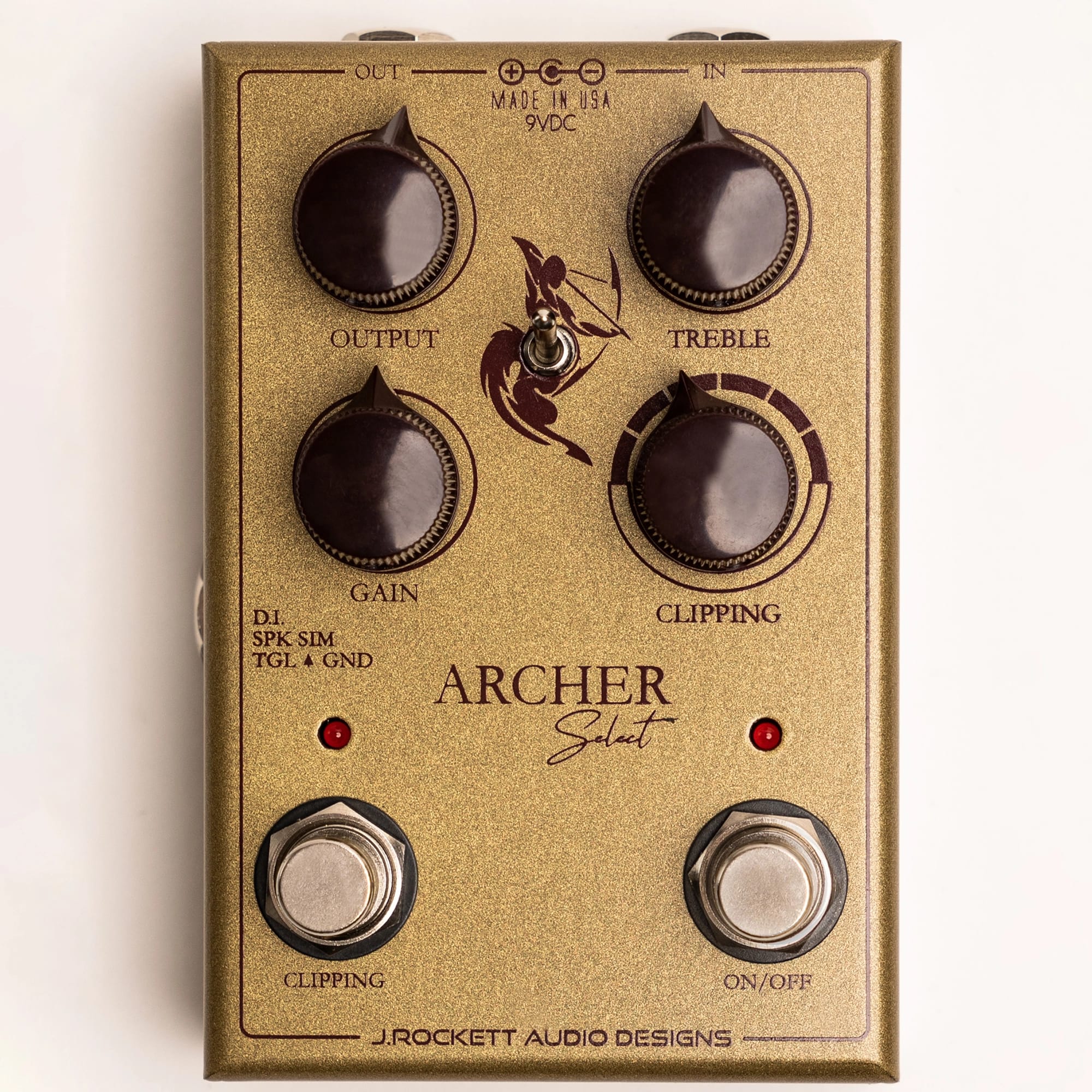 J. Rockett Archer Select gold overdrive boost pedal top view