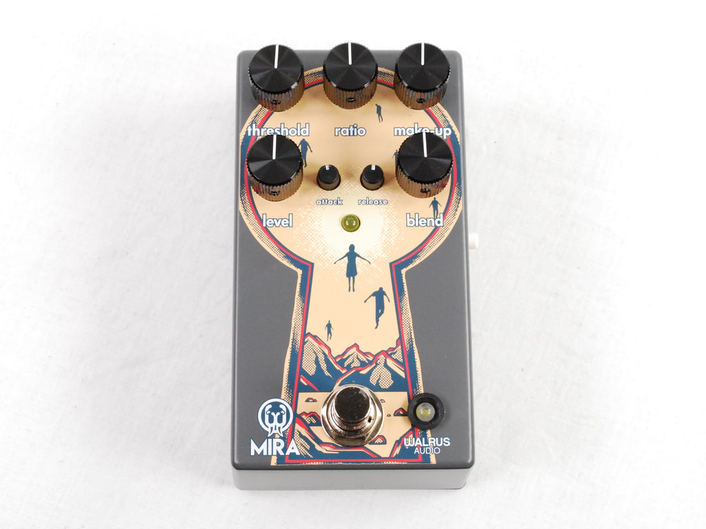 Walrus Audio Mira Optical Compressor guitar pedal — top view, gray keyhole art enclosure