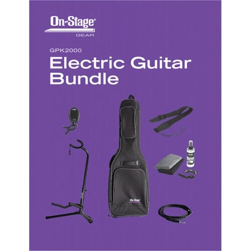 On-Stage GPK2000 electric guitar accessory bundle — stand, bag, strap, tuner, cable layout