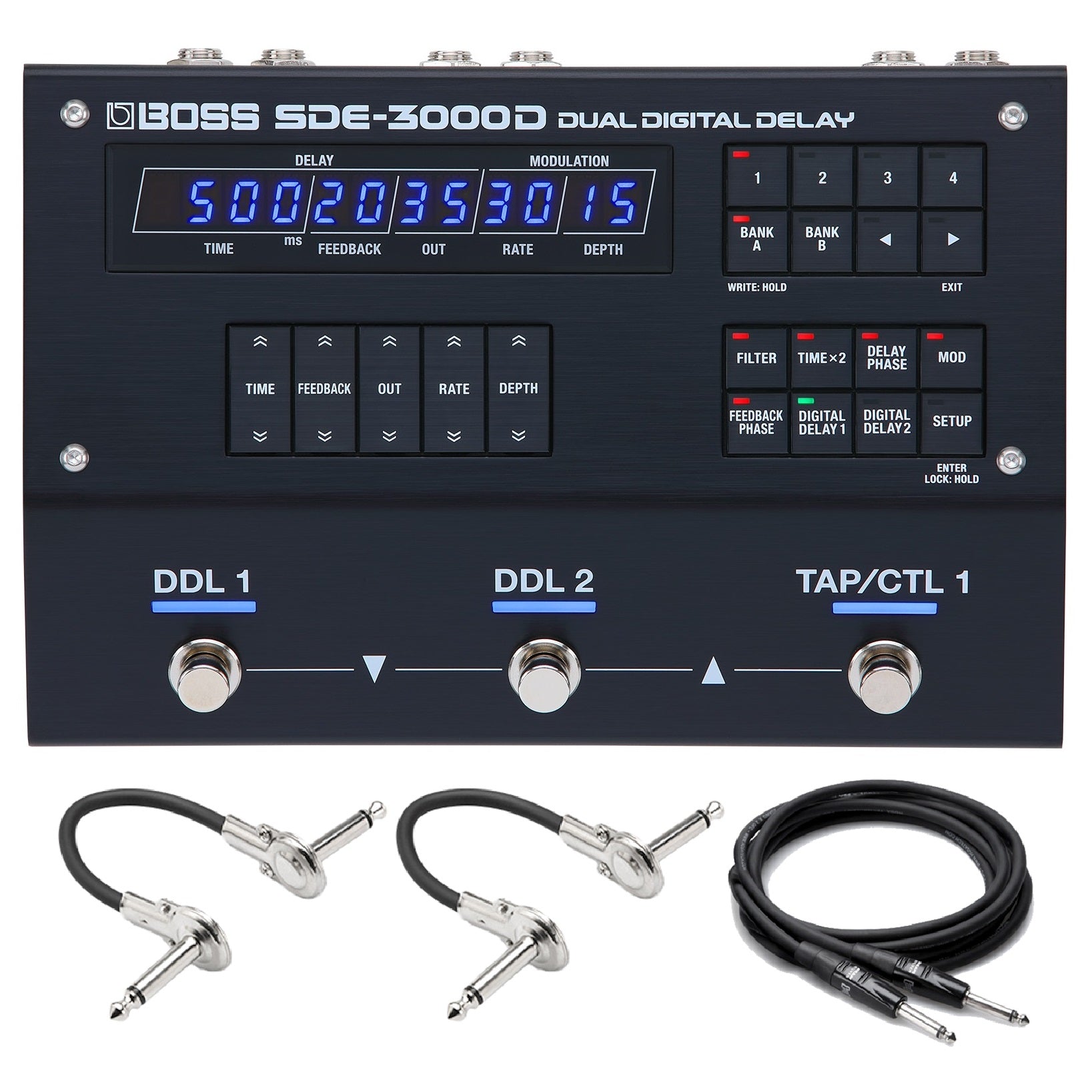 Boss SDE-3000D dual digital delay pedal in black with included cables