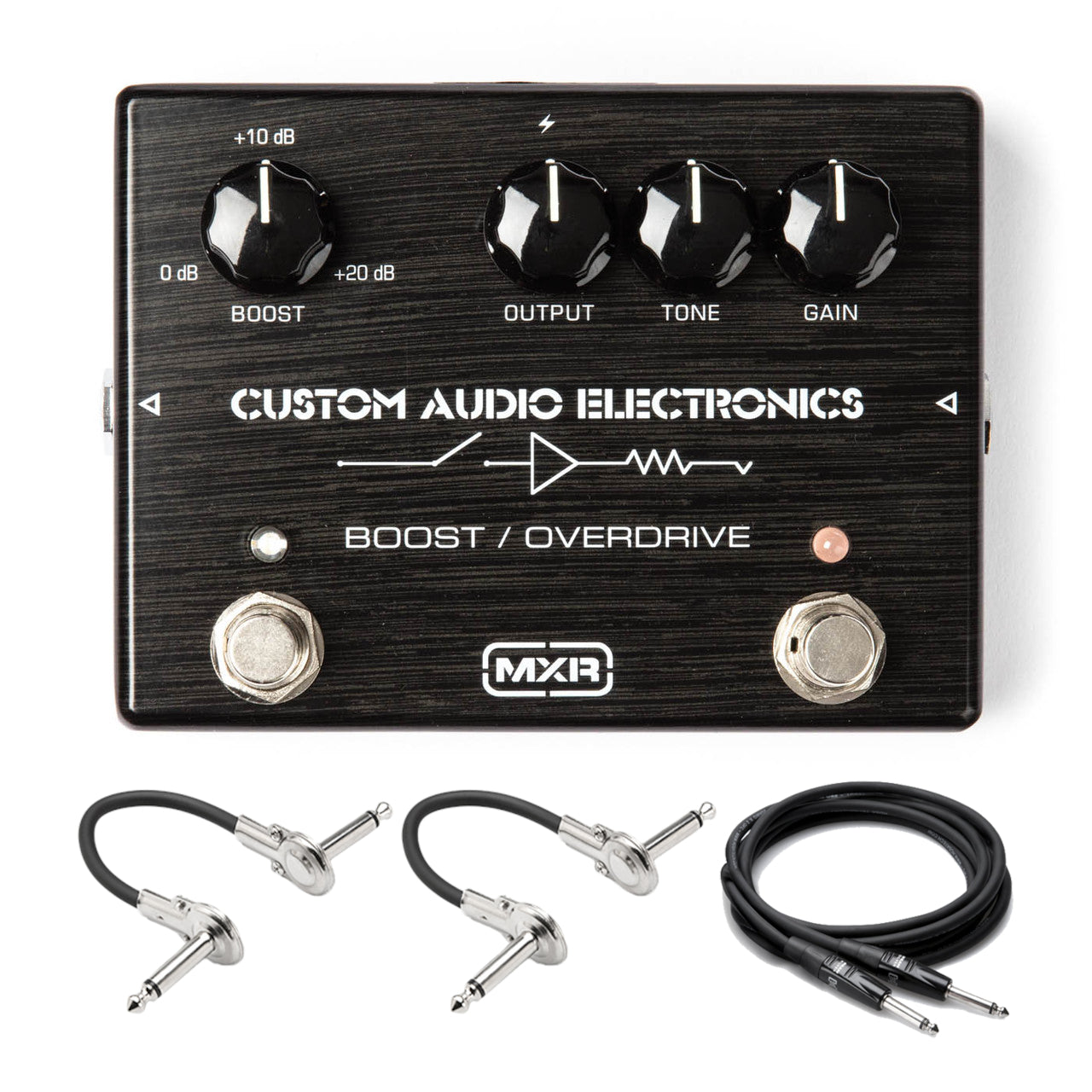 MXR MC402 CAE Boost/Overdrive pedal - black enclosure with patch and guitar cables