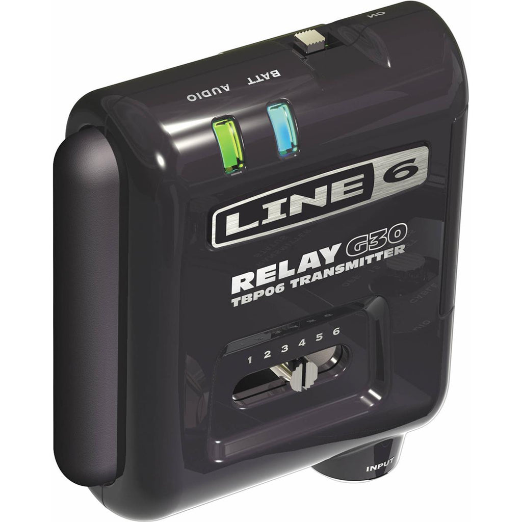Line 6 Relay G30 TBP06 wireless transmitter — front angled view with LEDs and channel select