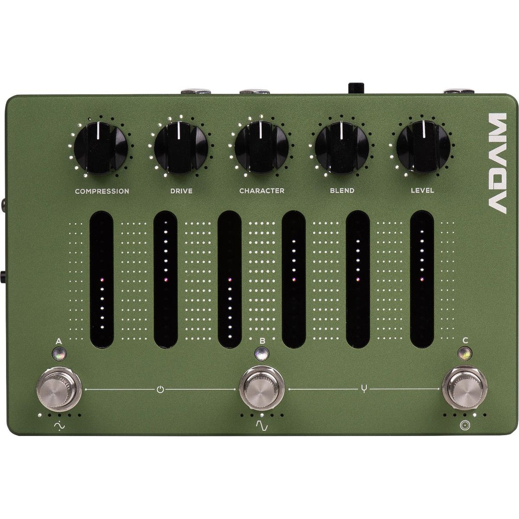 Used Darkglass ADAM green bass pedal — top view, knobs and EQ sliders